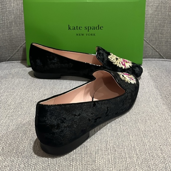 ♠️kate spade Lounge Whiskers Meow Cat Suede Loafers, Black Multi NIB - Picture 12 of 16